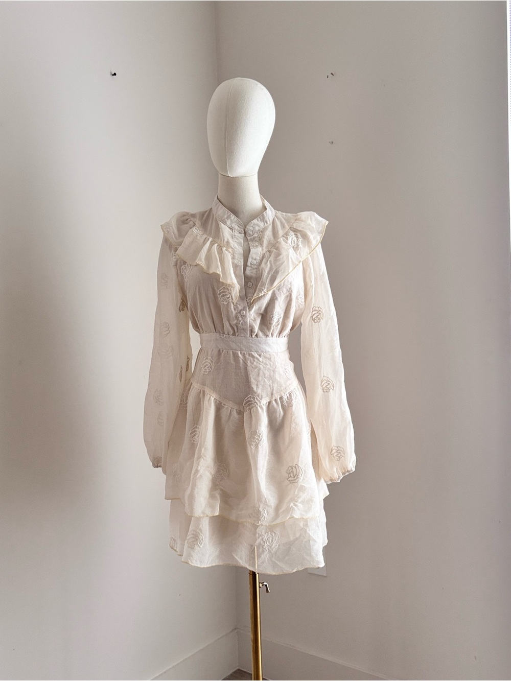 Anewsta Cream Rose Embroidered Ruffle Tiered Swiss Dot Mini Dress US 6 M